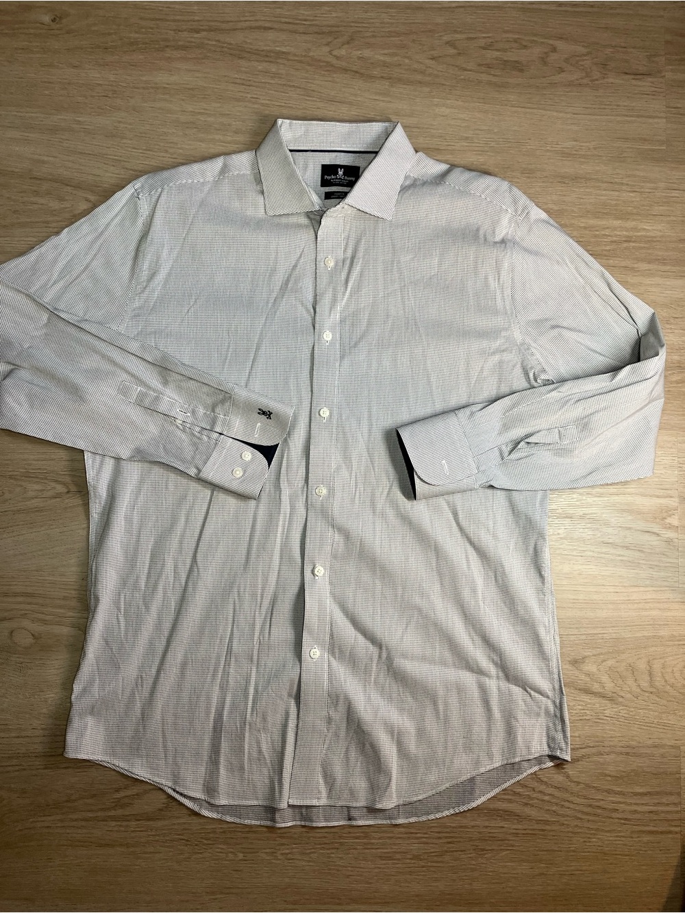 Psycho Bunny Men's Dress Shirt 16.5 32/33 Grey White Microcheck Stretch Modern F